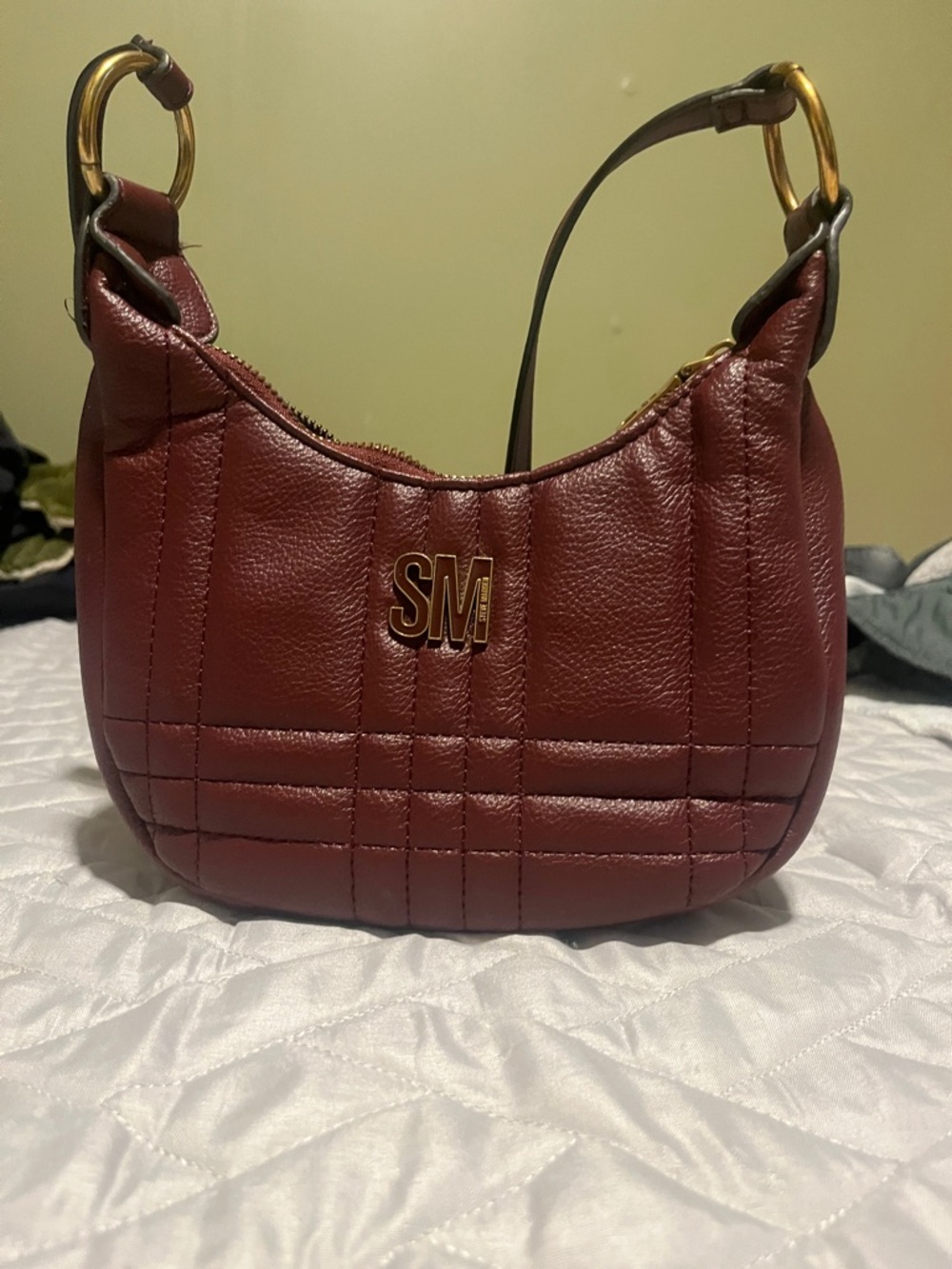 Steve Madden Burgundy Quilted Shoulder Bag | SM Logo Mini Hobo Purse
